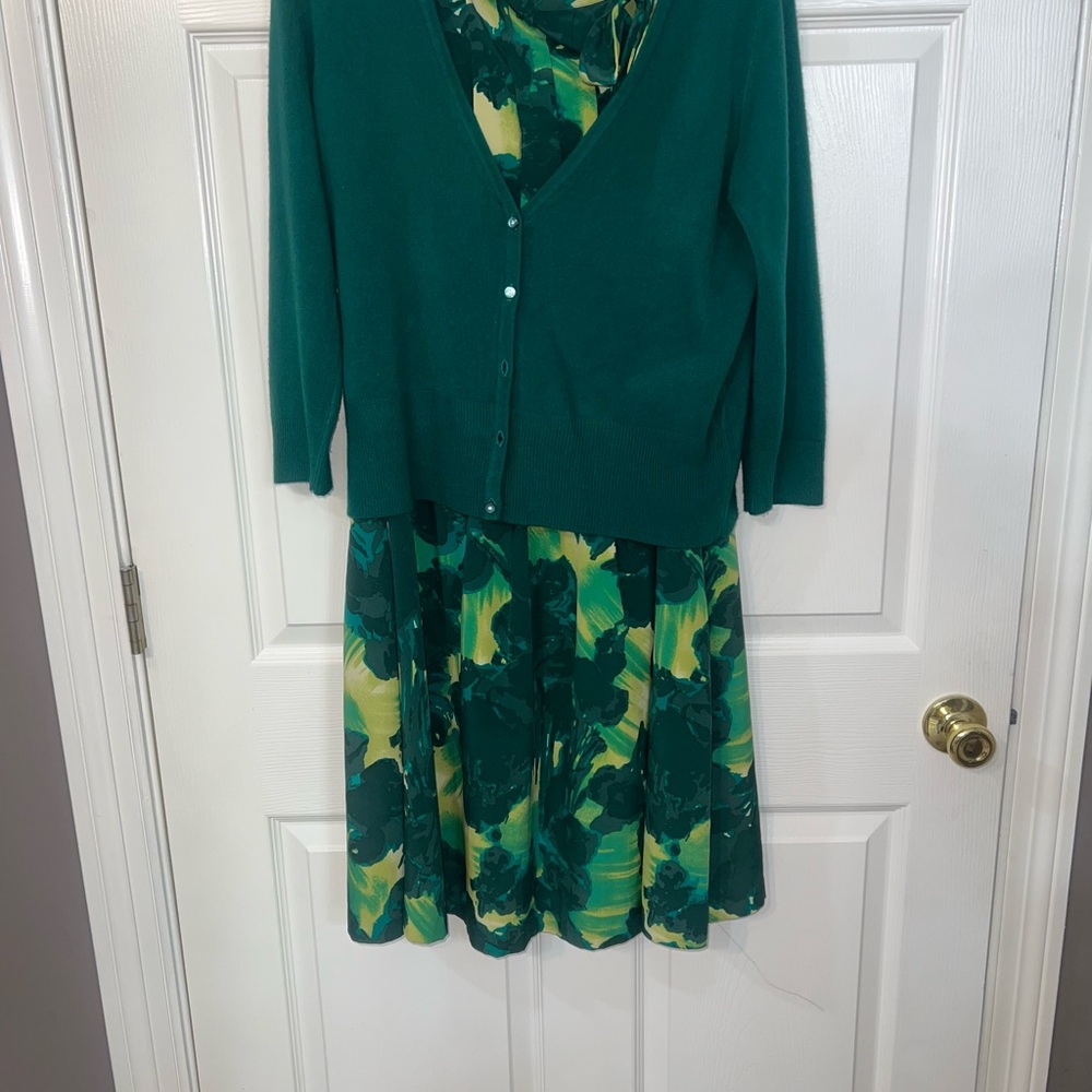 Vibrant Green and Yellow Floral Dress with Cardigan